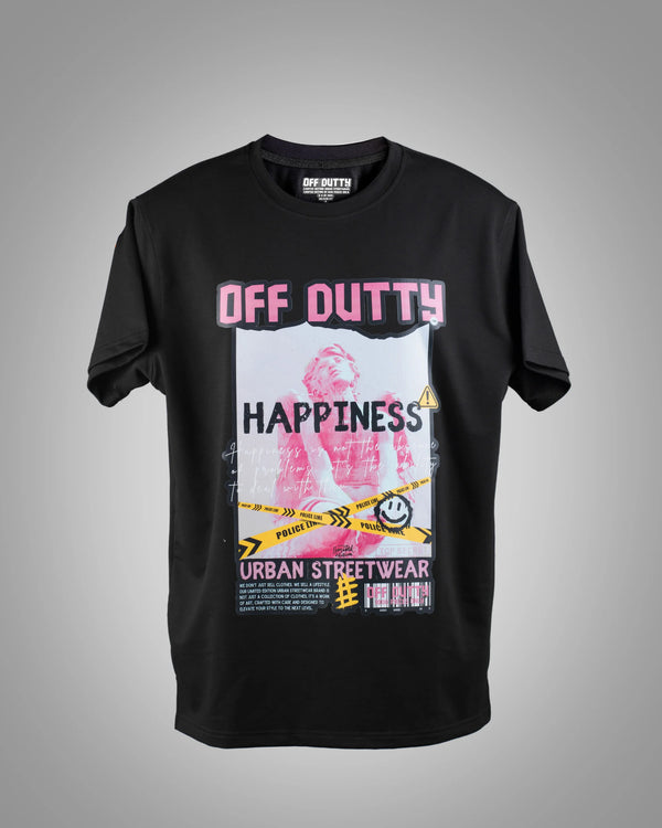 Front view of the 'What Is Happiness' black relaxed t-shirt from Off Dutty's 'Rare and Radiant' collection, displayed on a light grey background, highlighting the tee's relaxed fit and design.