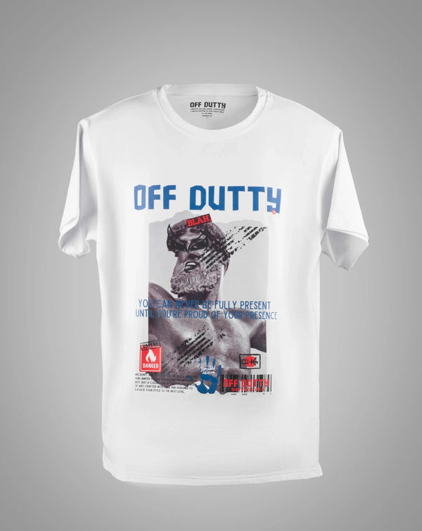 second photo is the front view of the 'Embracing Your Presence' white relaxed t-shirt from Off Dutty's 'Rare and Radiant' collection, displayed on a light grey background, highlighting the tee's relaxed fit and design.