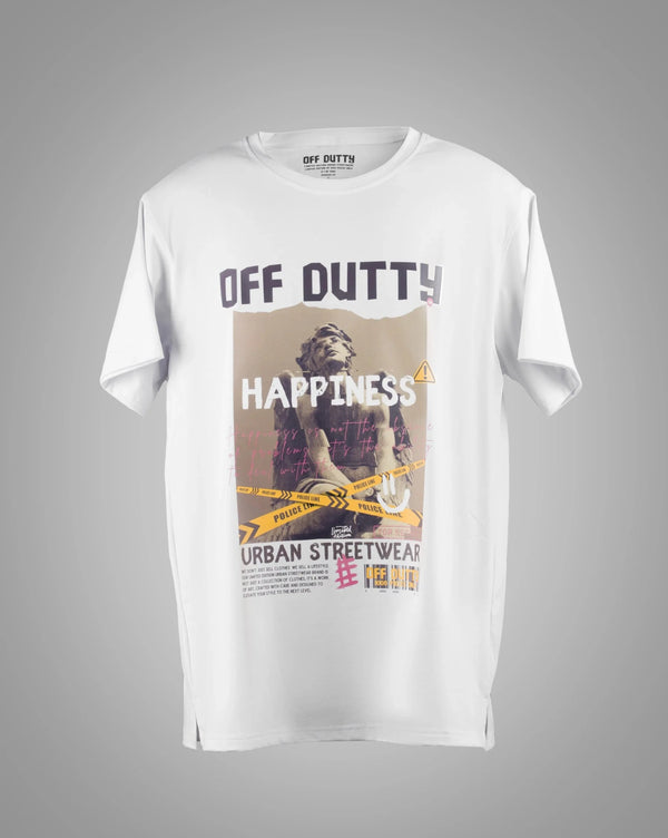 Front view of the 'What Is Happiness' white relaxed t-shirt from Off Dutty's 'Rare and Radiant' collection, displayed on a light grey background, highlighting the tee's relaxed fit and design.